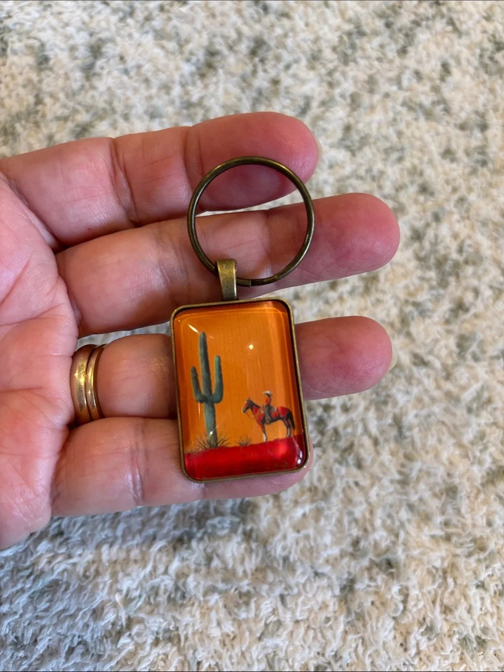Orange Desert Cactus Cowboy Horse Keychain Brass NWT 2.5”